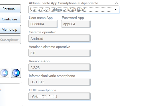 Abbinamento App dello smartphone all'anagrafica del dipendente