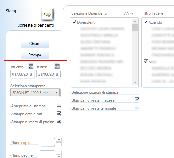 Selezione data di inizio e fine ricerca richieste